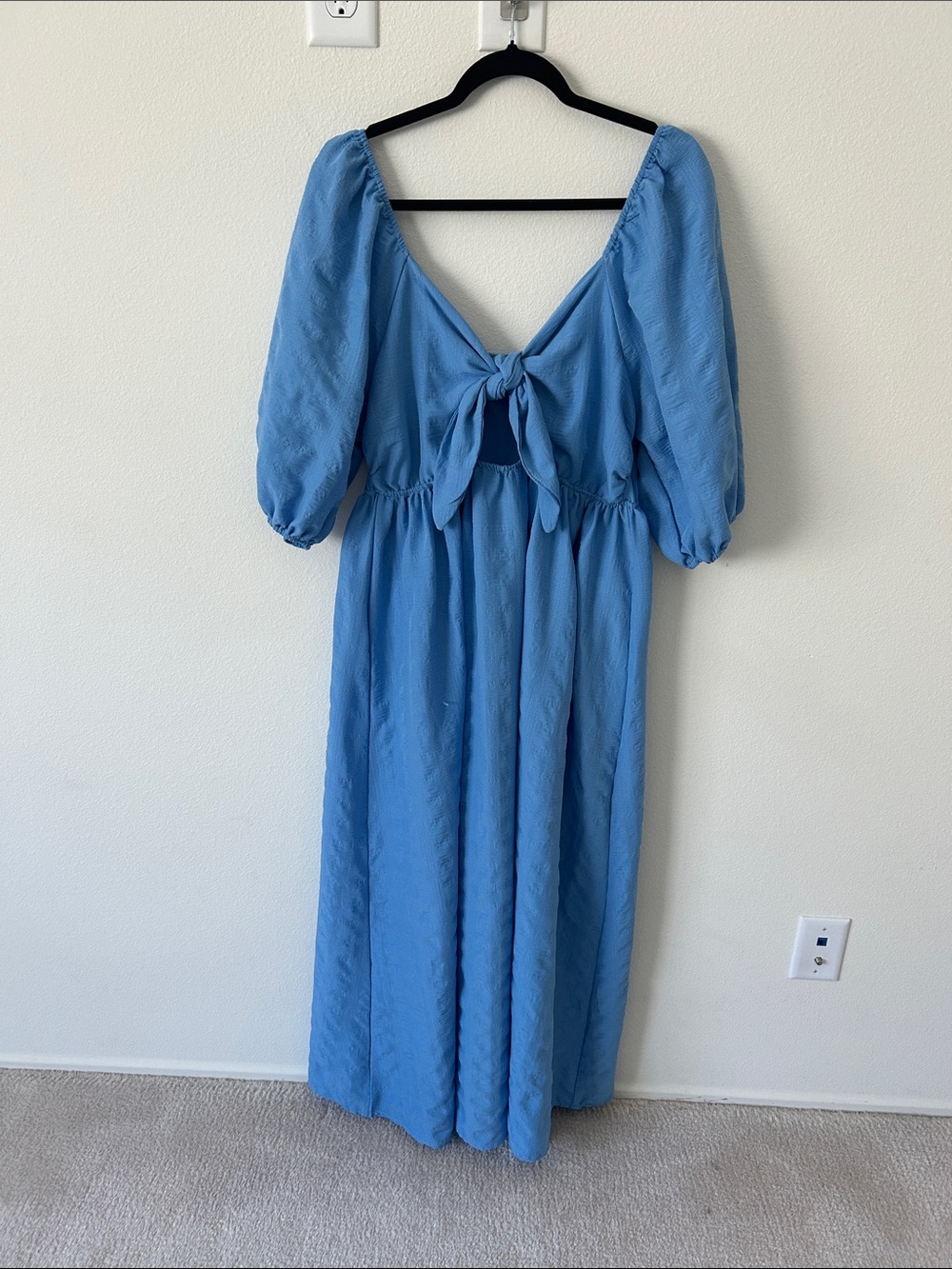 SHEIN Sky Blue Backless Puff-Sleeve Tie Maxi Dress